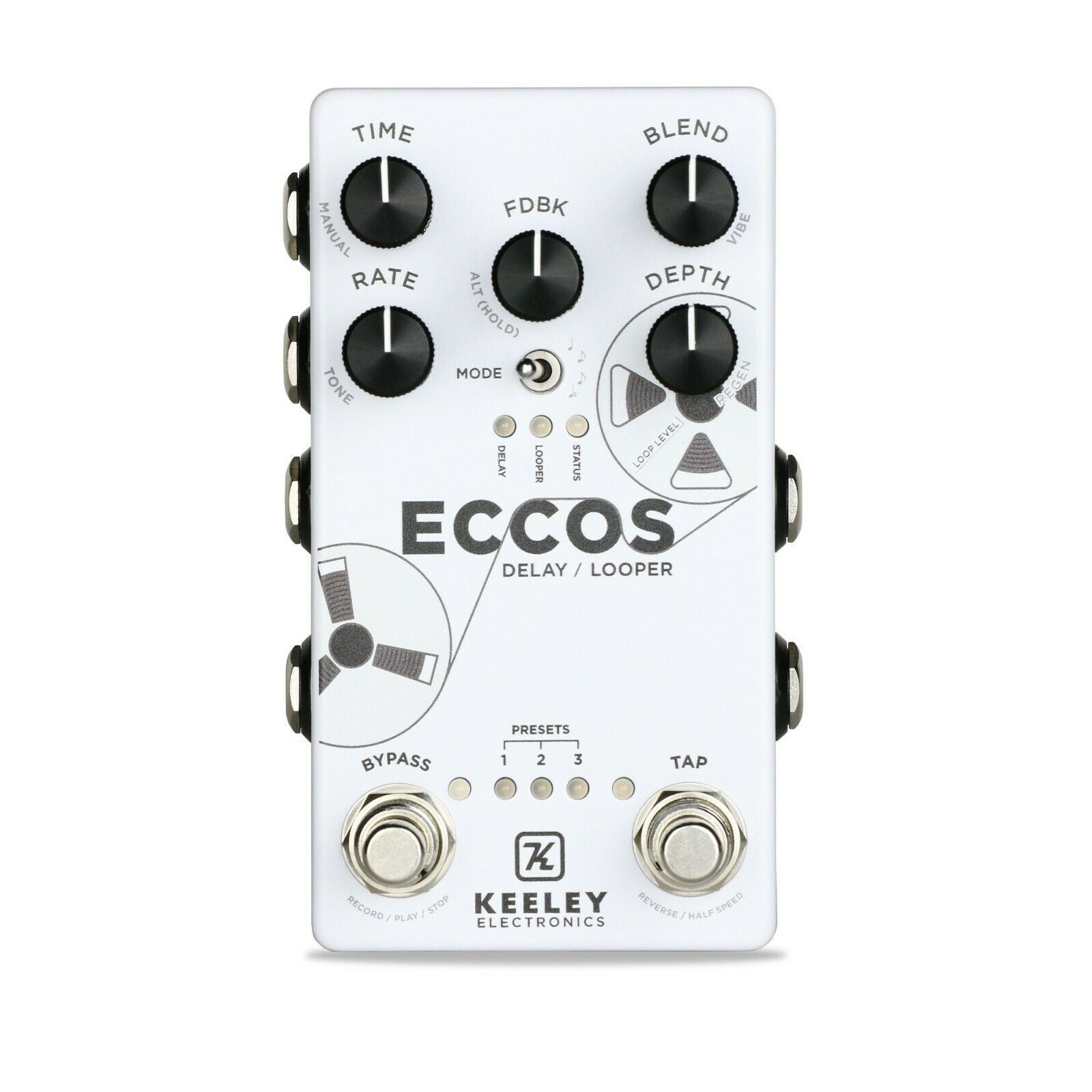 Keeley Eccos white tape delay and looper guitar pedal, top view