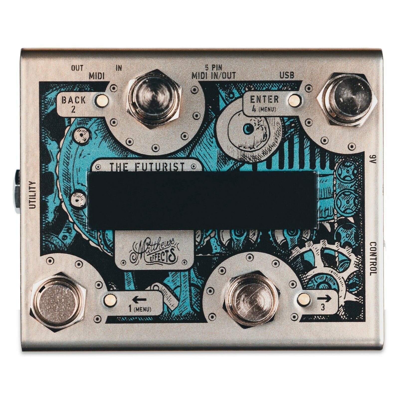 Matthews Effects The Futurist MIDI controller — silver and blue steampunk top view