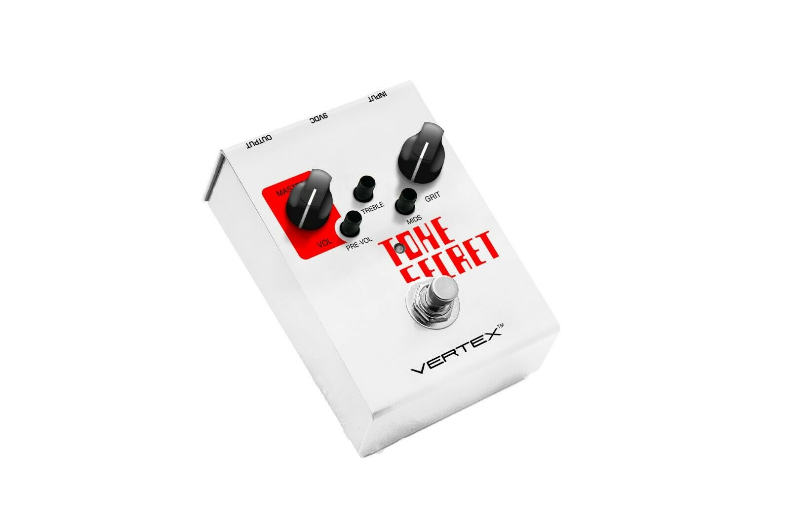Vertex TS Tone Secret overdrive pedal controls: Vol, Pre-Vol, Treble, Mids, Grit
