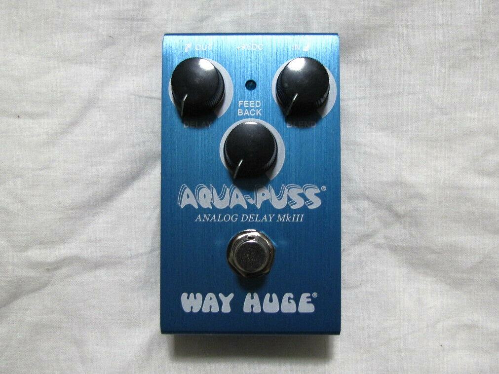 Way Huge Smalls WM71 Mini Aqua-Puss analog delay pedal - blue enclosure, front view with Delay, Feedback and Blend knobs