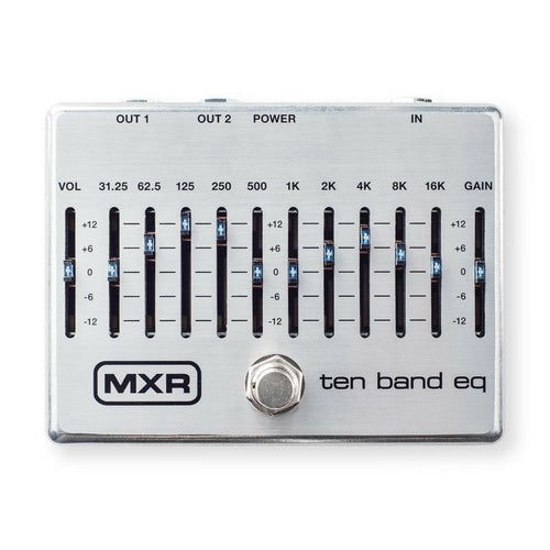 MXR M108S Ten Band EQ guitar effects pedal — silver aluminum enclosure top view