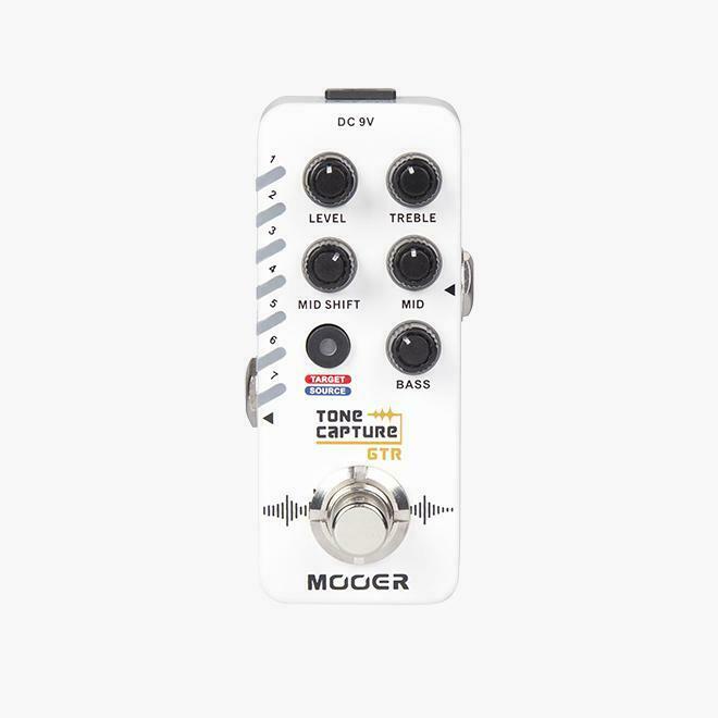 Mooer Tone Capture GTR pedal — white enclosure, front view with EQ knobs and Target/Source button