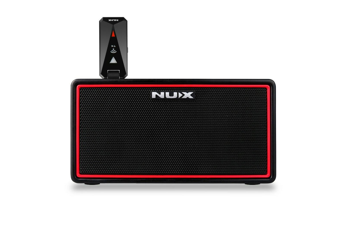 New NUX Mighty Air wireless stereo guitar bass amp, black with red accent, wireless transmitter attached