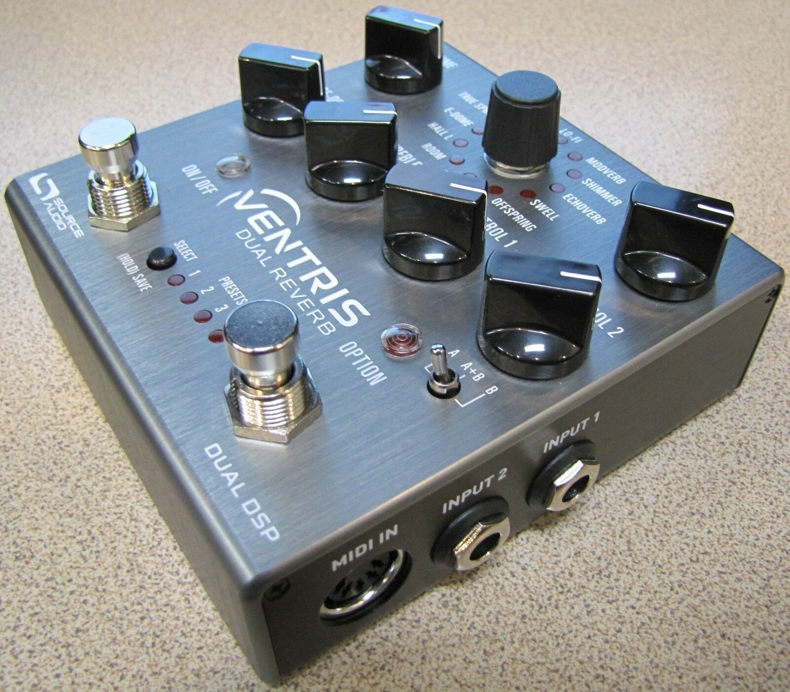 Source Audio SA262 Ventris Dual Reverb pedal — silver, angled view