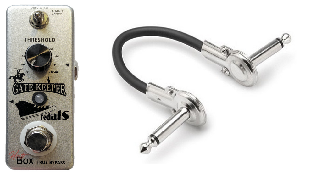 Hot Box Gate Keeper noise gate pedal — silver enclosure with included patch cable