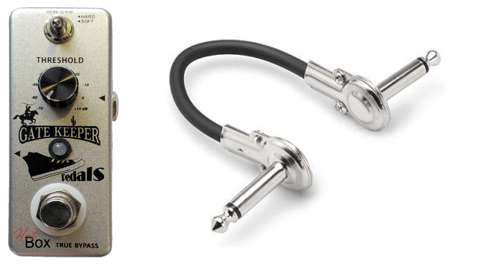 Hot Box Gate Keeper noise gate pedal — silver enclosure with included patch cable