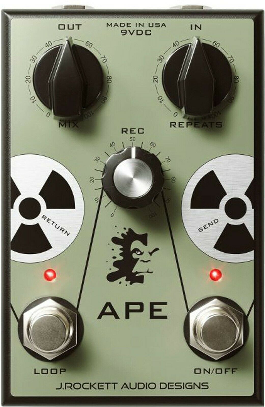 J Rockett APE Analog Preamp Experiment pedal, green chassis with loop controls