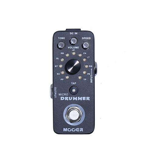 Mooer Micro Drummer drum machine pedal — black enclosure with tap tempo footswitch