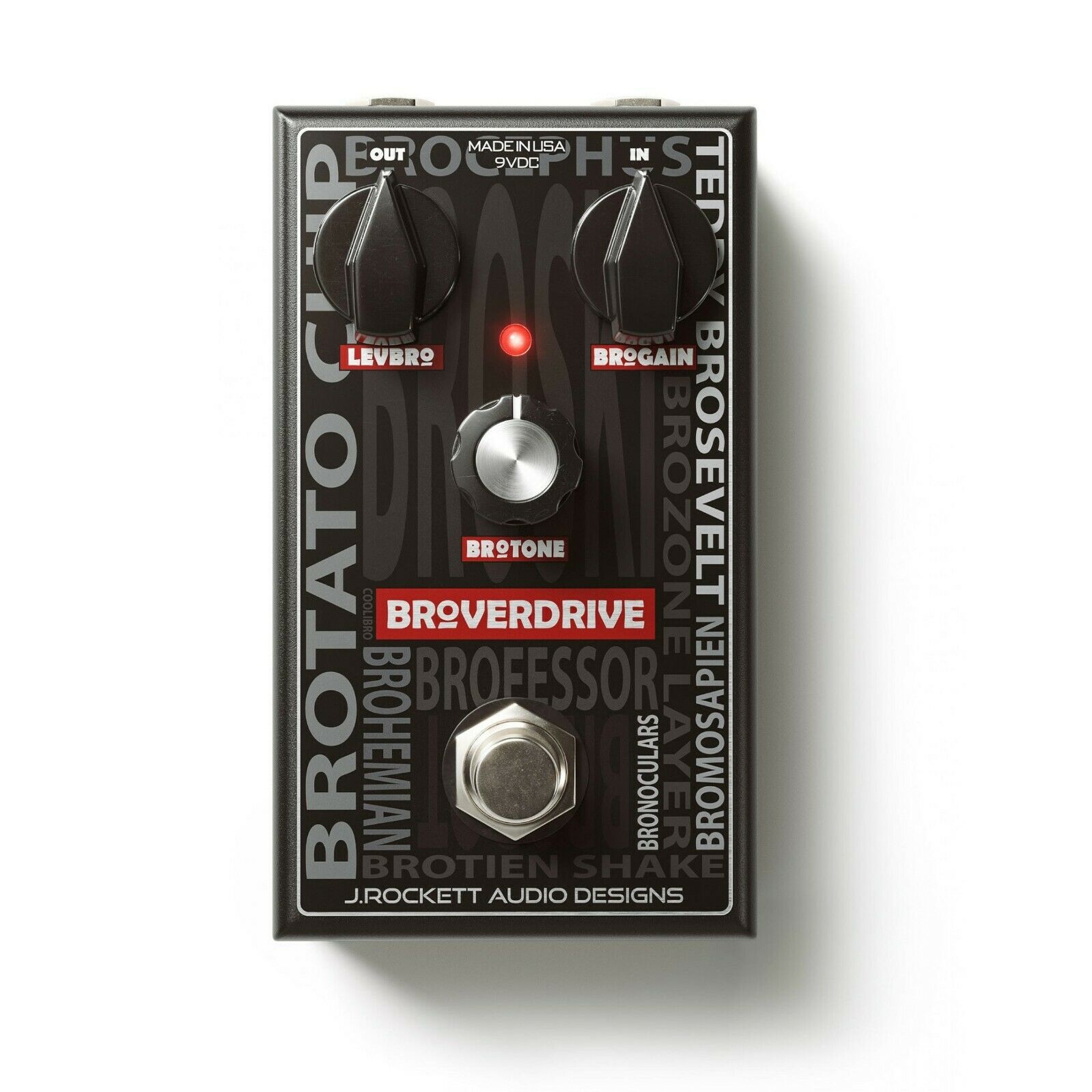 J Rockett Broverdrive overdrive pedal — black enclosure, top view