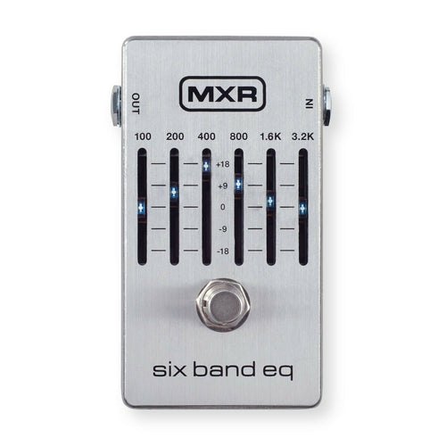 MXR M109S Six Band EQ guitar pedal — front view, brushed aluminum enclosure with sliders