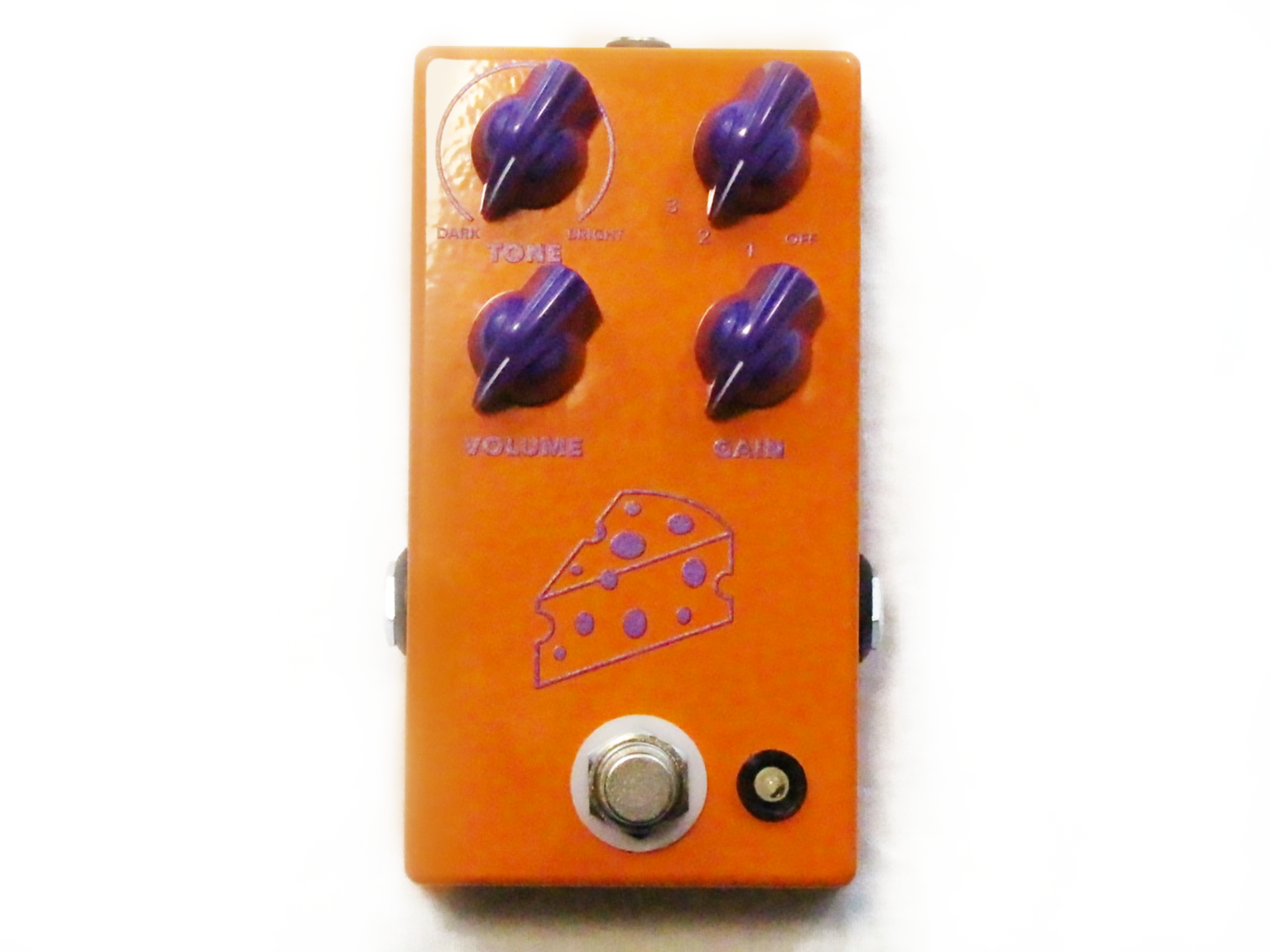 JHS Cheese Ball distortion fuzz pedal in orange with purple knobs