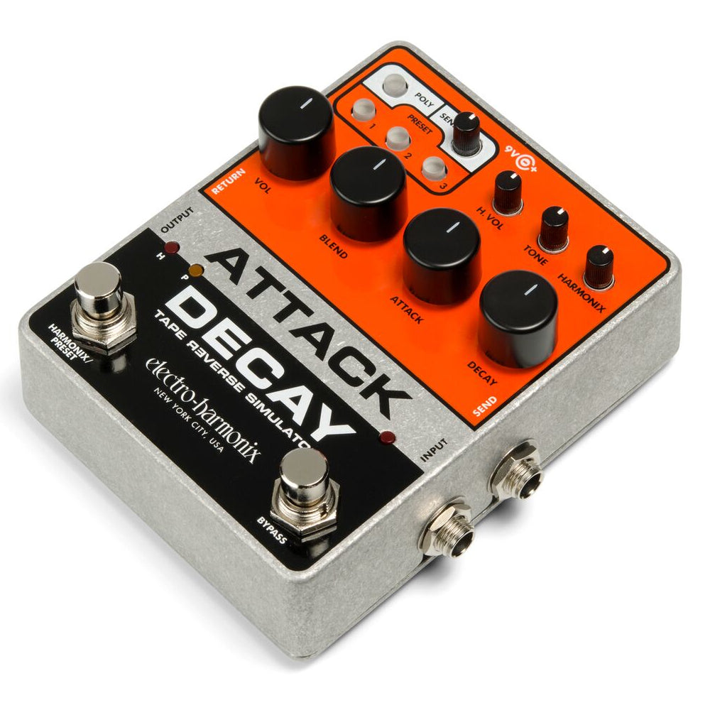 EHX Attack Decay pedal showing preset and Poly controls