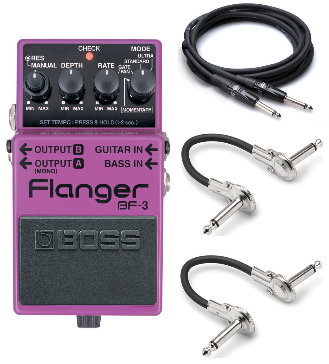 Boss BF-3 Flanger pedal — purple enclosure with included cables