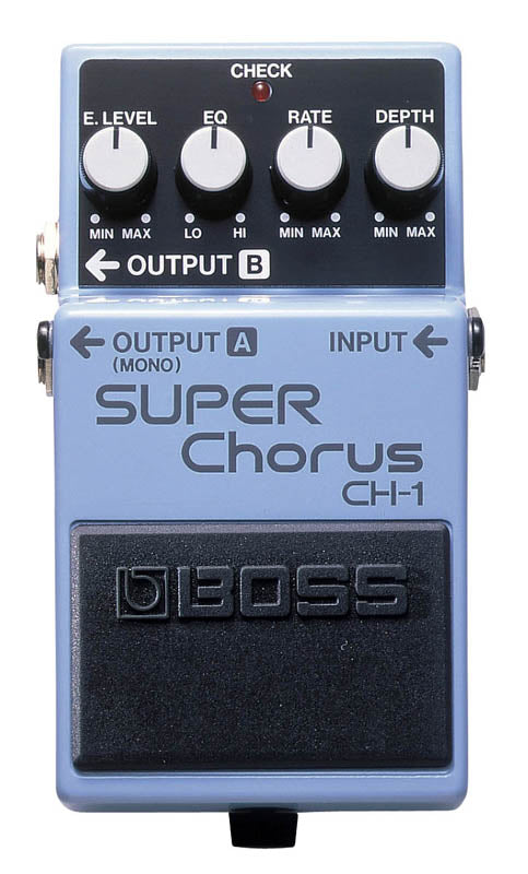 Boss CH-1 Super Chorus pedal top view showing Level, EQ, Rate and Depth knobs
