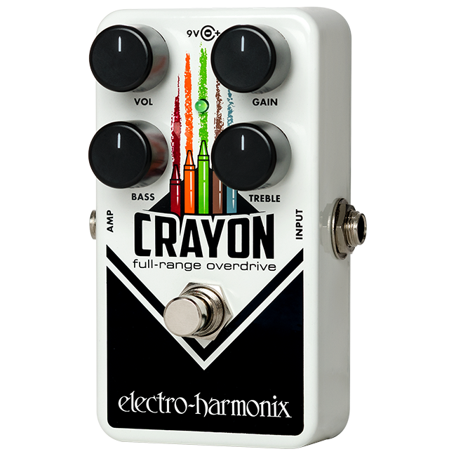 Electro-Harmonix Crayon 69 full-range overdrive guitar pedal in white with crayon graphic — angled view