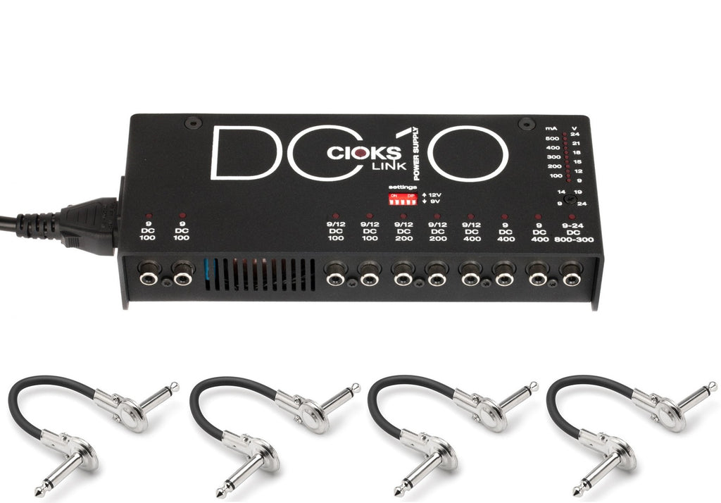 CIOKS DC10 Link power supply — black 10-output unit with four included Hosa patch cables