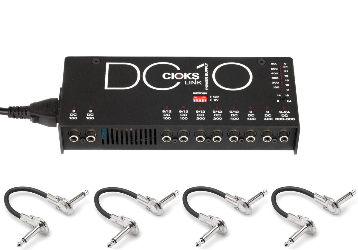 CIOKS DC10 Link power supply — black 10-output unit with four included Hosa patch cables