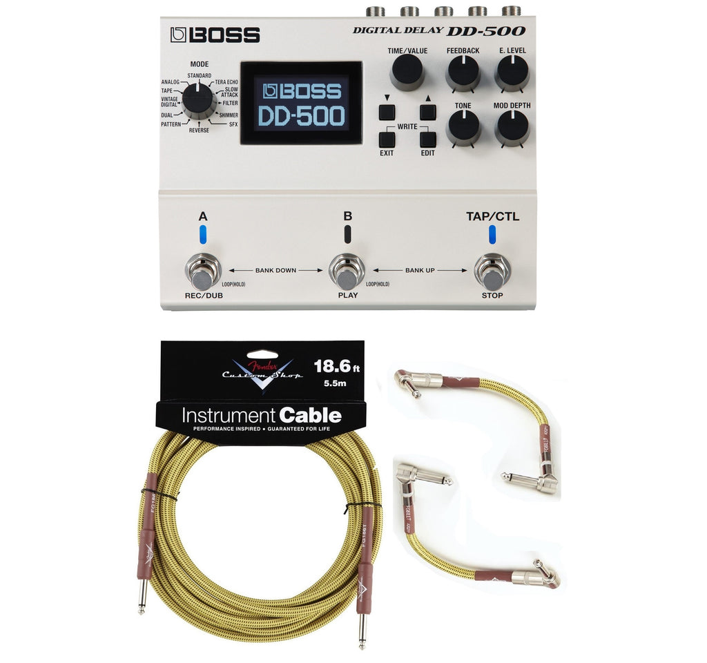 Boss DD-500 digital delay pedal — bundle with Fender tweed instrument and patch cables