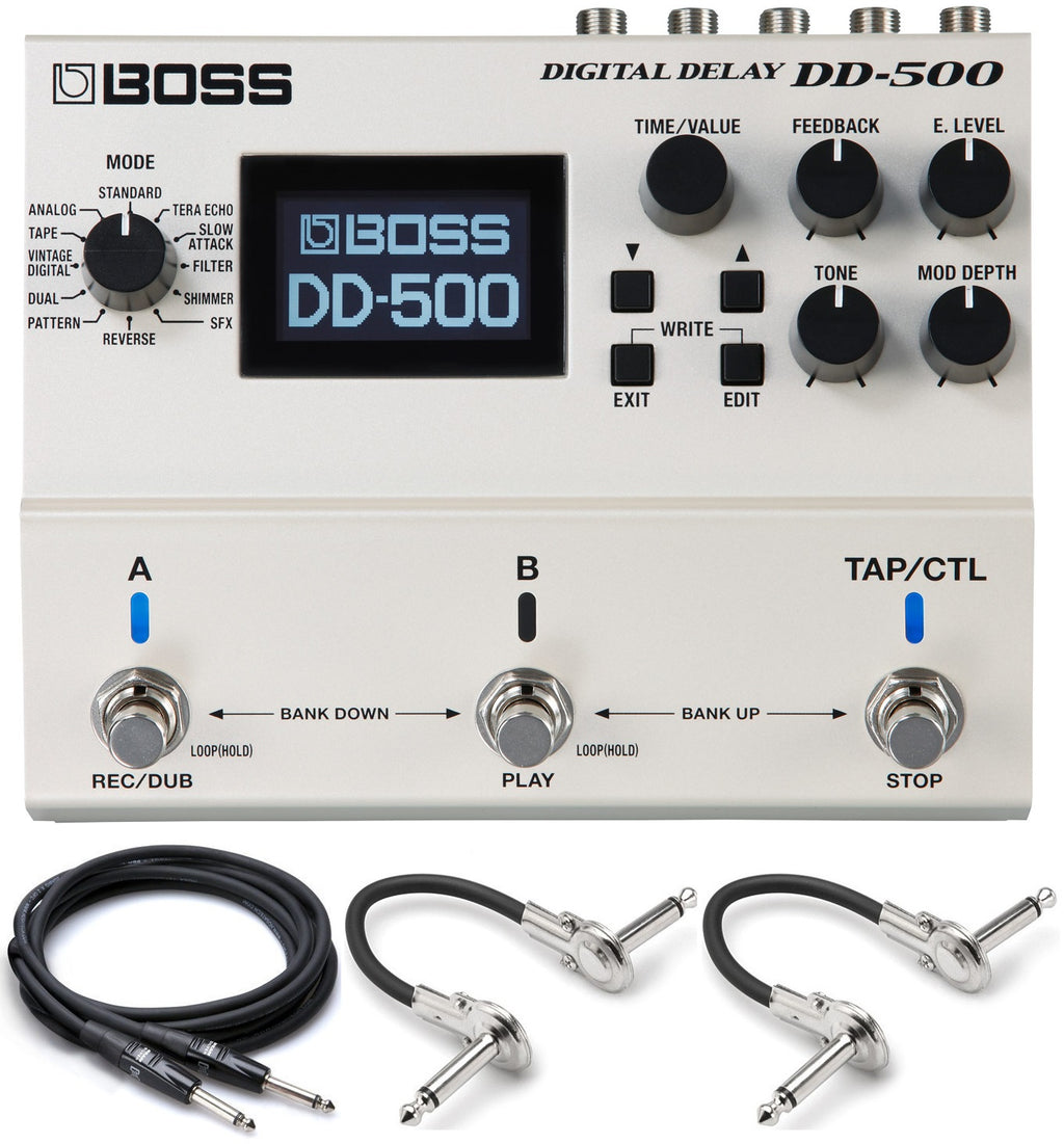 Boss DD-500 digital delay pedal — front panel with included Hosa cables