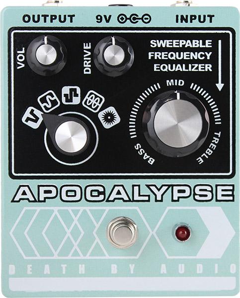 Death By Audio Apocalypse fuzz pedal - front face, seafoam green and black