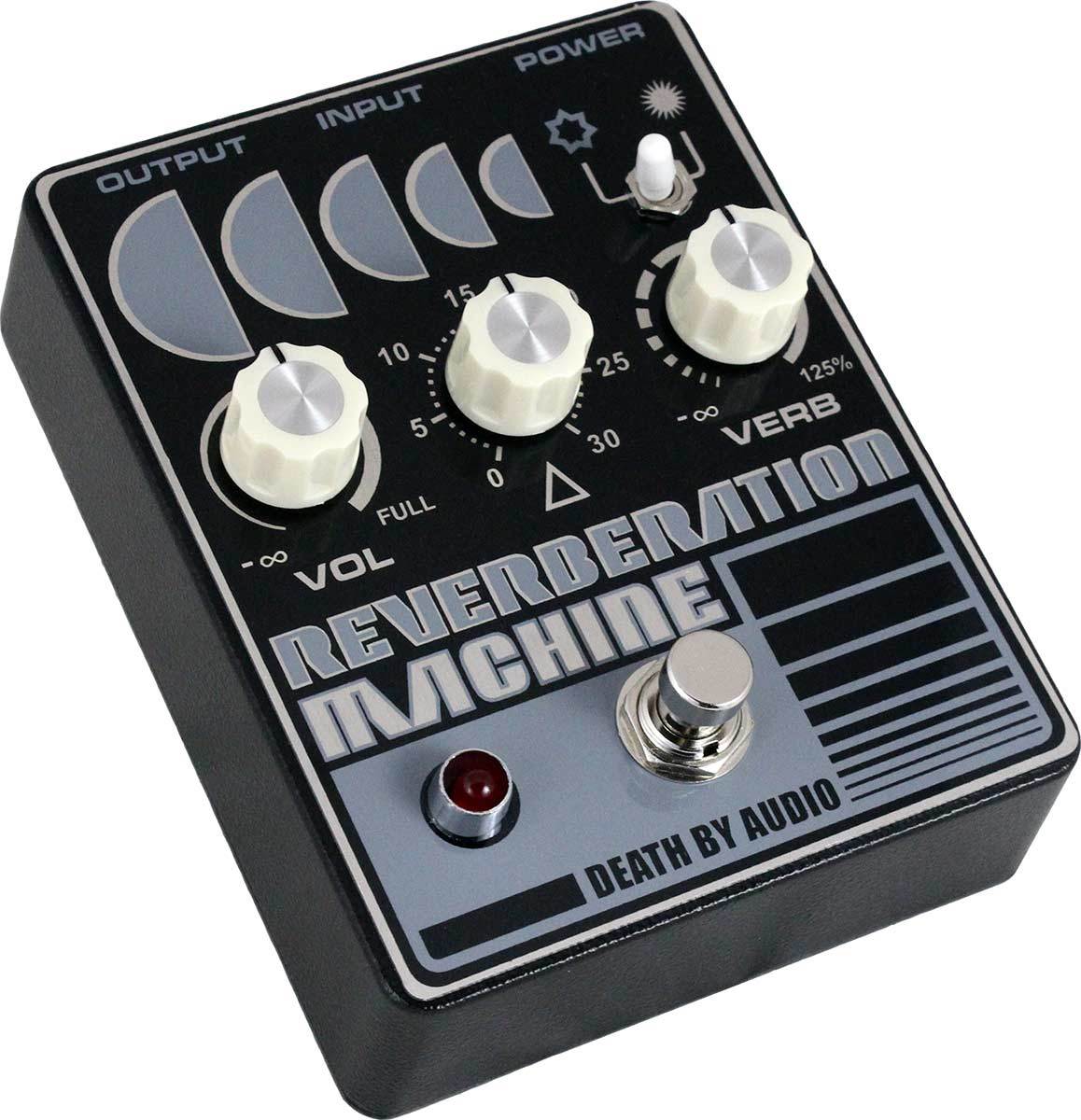 Death By Audio Reverberation Machine reverb pedal — black, diagonal view