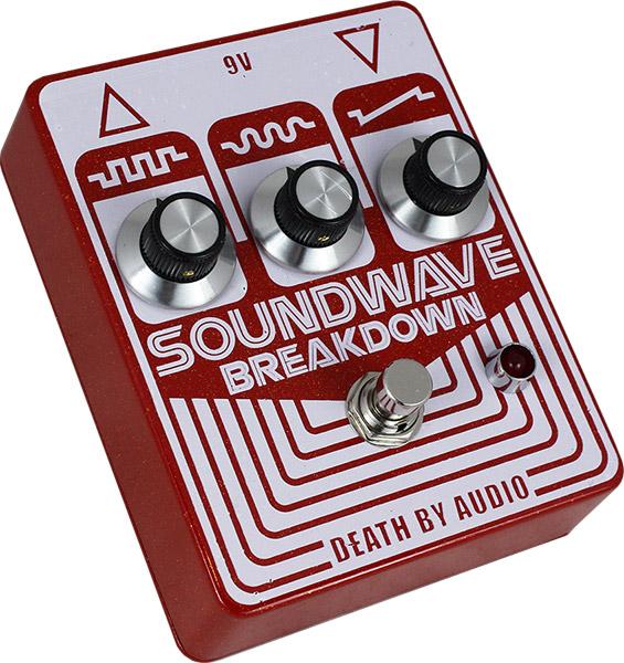 Death By Audio Soundwave Breakdown fuzz pedal — red sparkle and white, diagonal view