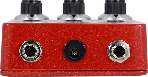 Death By Audio Soundwave Breakdown fuzz pedal — red enclosure, top jacks view