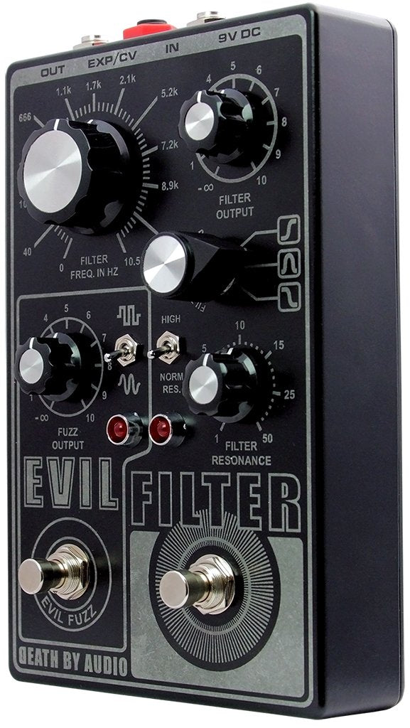 Death By Audio Evil Filter fuzz pedal — black enclosure, angled view