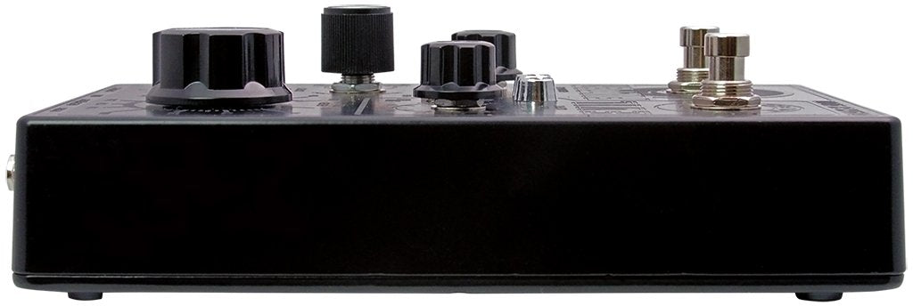 Death By Audio Evil Filter fuzz pedal — black enclosure, side view