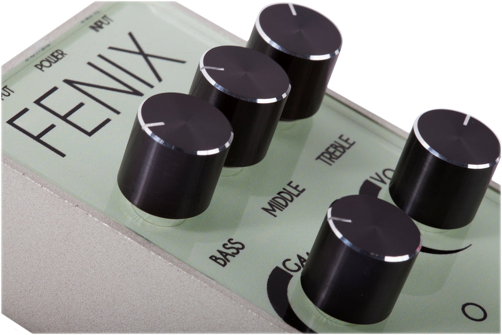 Foxgear Fenix overdrive pedal — knobs side view