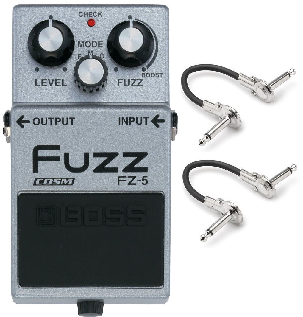 Boss FZ-5 Fuzz pedal — silver enclosure with two included patch cables