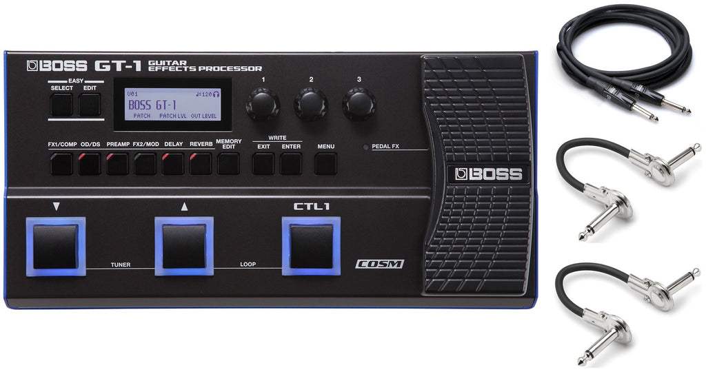 Boss GT-1 guitar multi-effects processor — top view with included cables