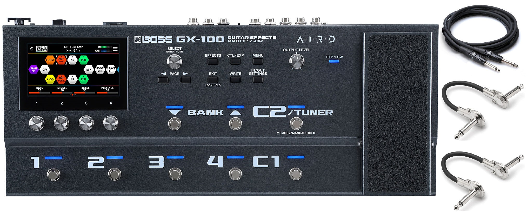 Boss GX-100 guitar multi-effects processor — top view with included cables