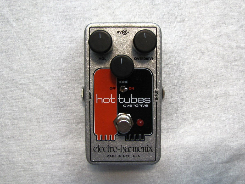 Electro-Harmonix Hot Tubes Nano overdrive pedal, silver enclosure top view