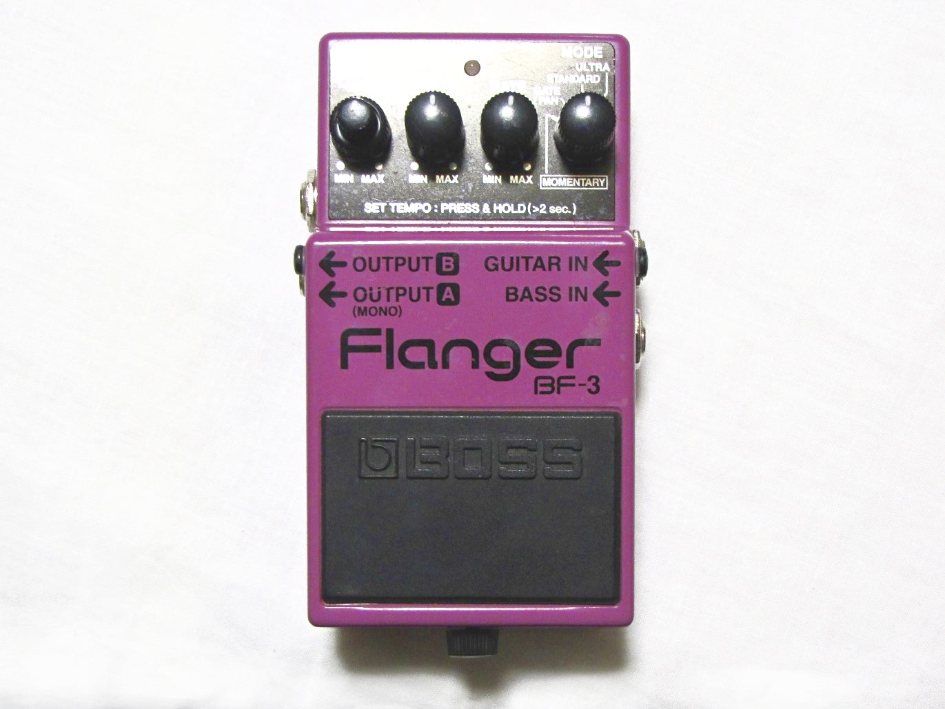 Used Boss BF-3 Flanger guitar pedal — purple enclosure top view, mint condition