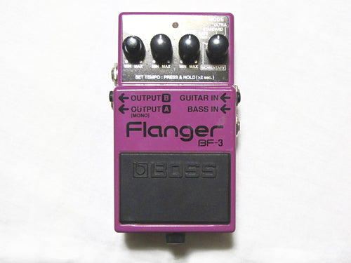 Used Boss BF-3 Flanger guitar pedal — purple enclosure top view, mint condition
