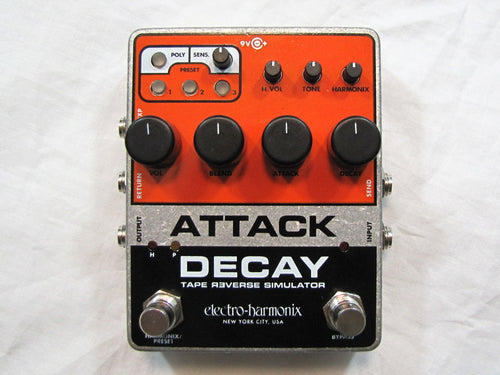 Electro-Harmonix Attack Decay silver and orange tape reverse simulator pedal