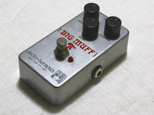 Electro-Harmonix Nano Rams Head Big Muff Pi fuzz pedal — angled view of silver chassis and footswitch