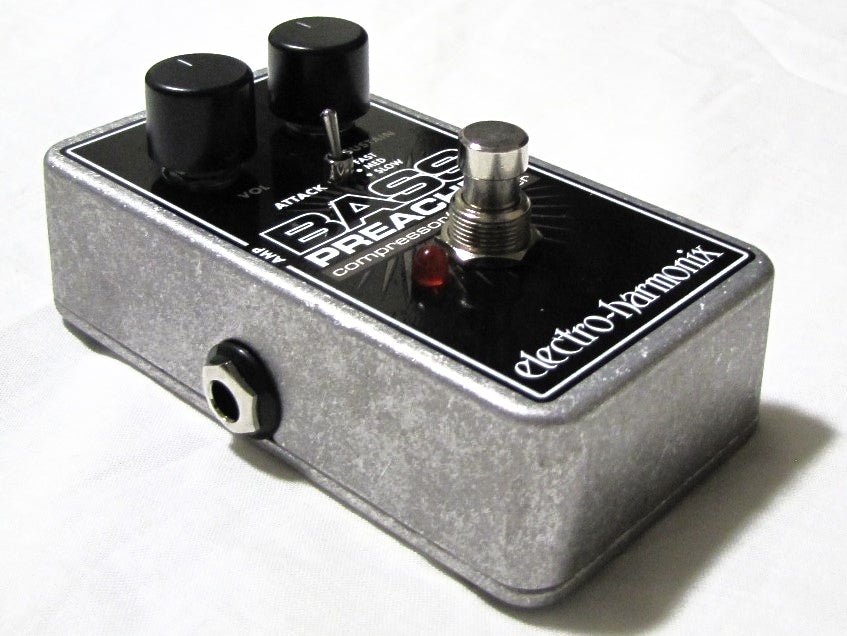Electro-Harmonix Bass Preacher Compressor Sustainer pedal — side view with jacks