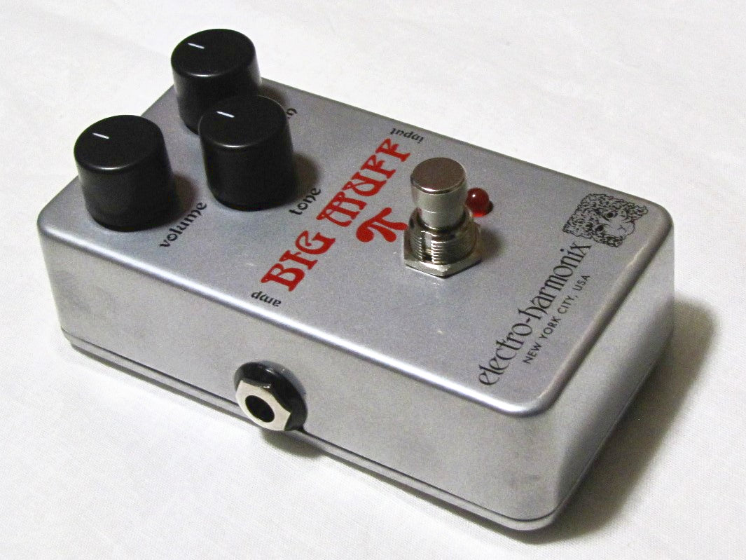 Electro-Harmonix Nano Rams Head Big Muff Pi fuzz pedal — side view showing amp and input jacks
