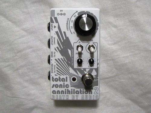 Death By Audio Total Sonic Annihilation 2 feedback guitar pedal — white enclosure top view