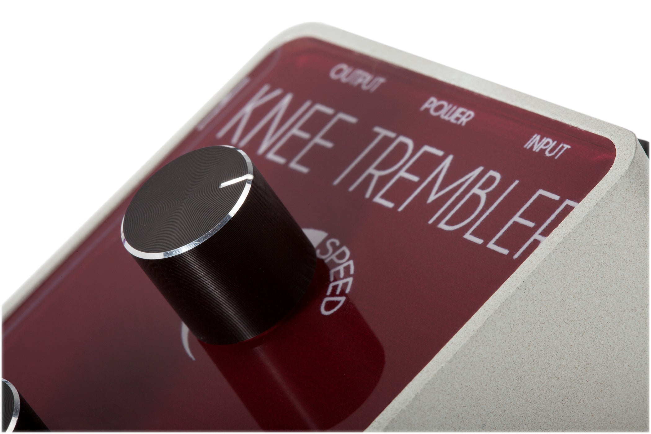 Foxgear Knee Trembler tremolo pedal — logo and knob close-up