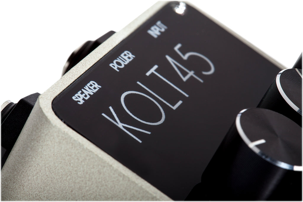 Foxgear Kolt 45 power amplifier pedal — Kolt logo detail close-up