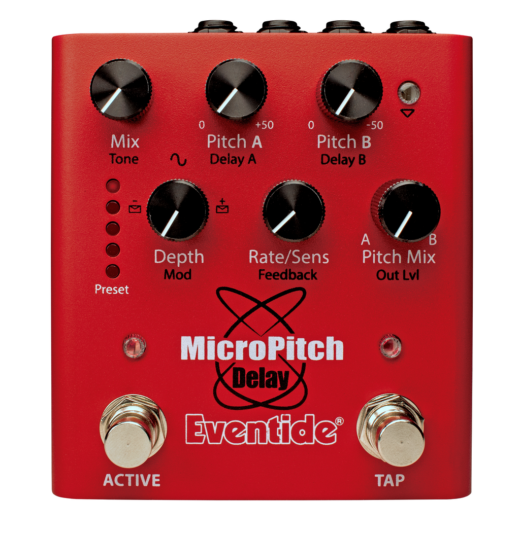 Eventide MicroPitch Delay pitch shifter pedal — front view of red enclosure and controls