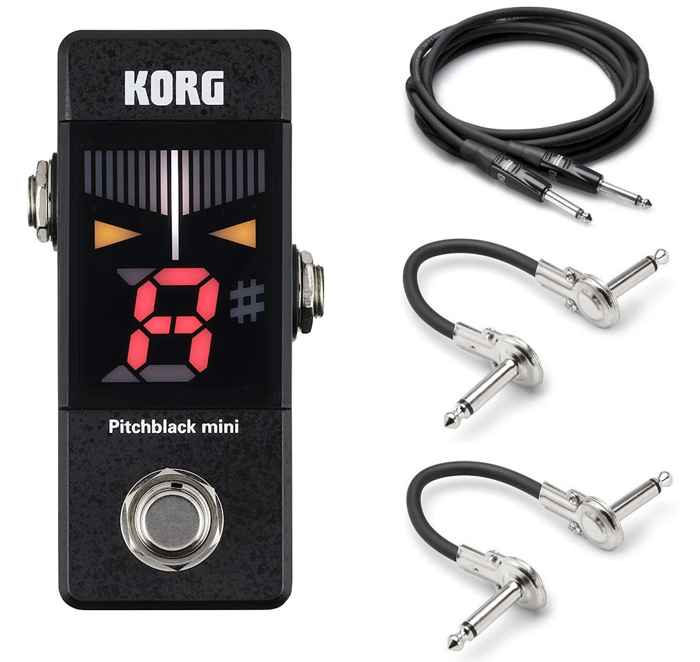 Korg Pitchblack Mini PB01 pedal tuner — black enclosure with LED display, shown with included cables