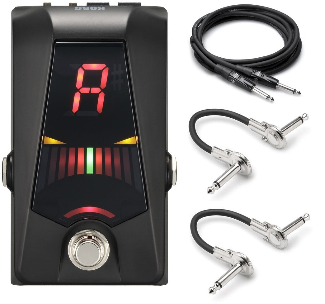 Korg Pitchblack Advance tuner pedal — black enclosure with color LED display and two Hosa patch cables