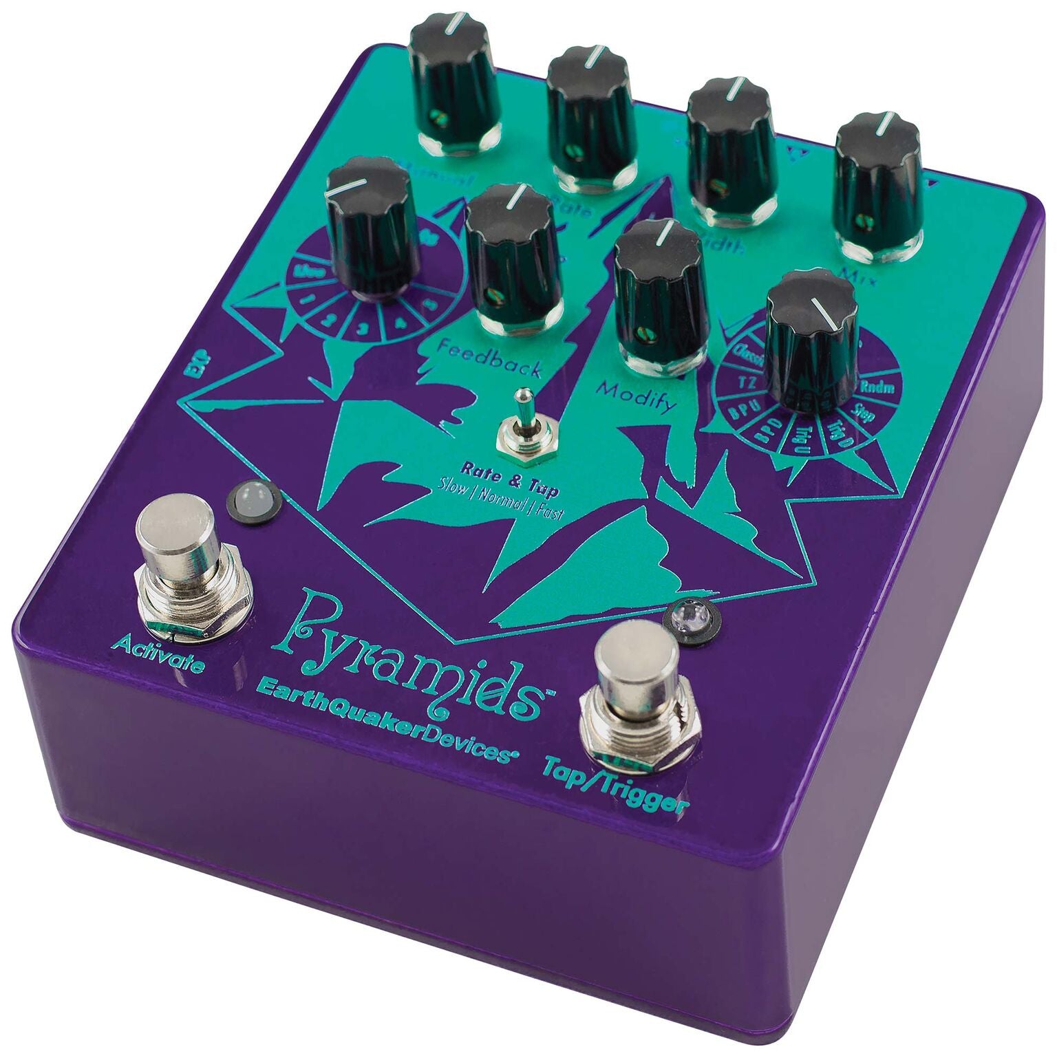 EarthQuaker Devices Pyramids Stereo Flanging Device — front angled view showing footswitches