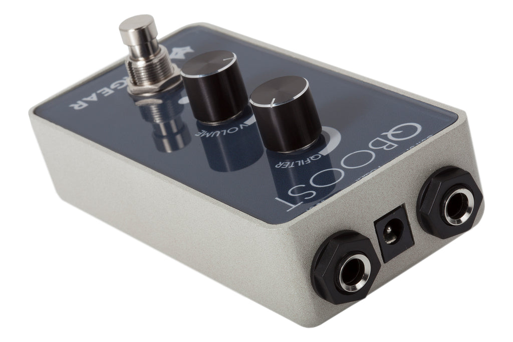 Foxgear Q Boost pedal top-down view showing QFilter and Volume knobs