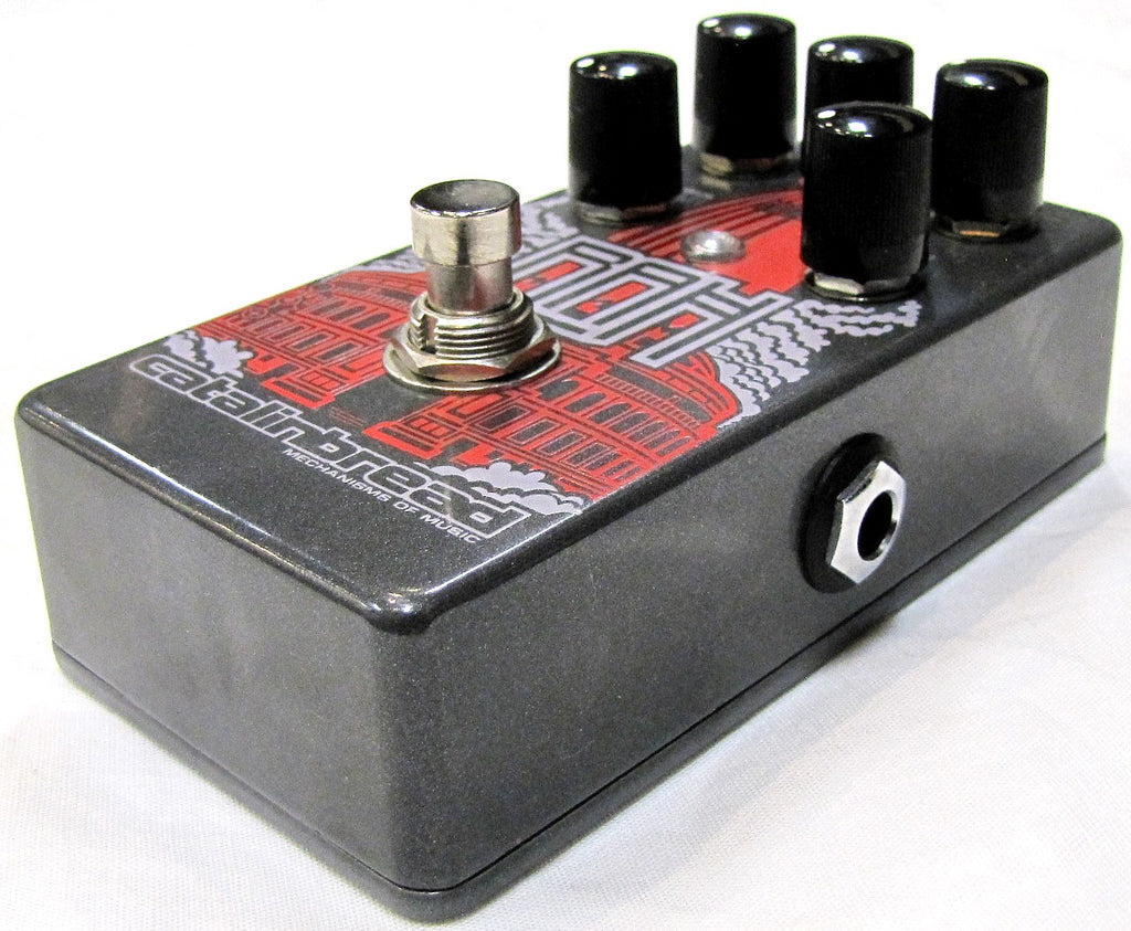 Catalinbread RAH overdrive pedal — gray enclosure angled side view showing jacks and knobs