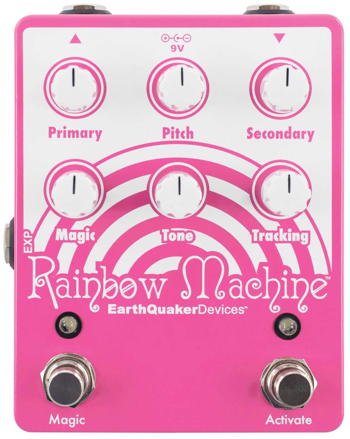 EarthQuaker Devices Rainbow Machine V2 pitch shifter pedal - front top view, pink enclosure